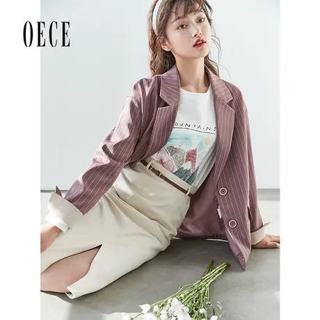 Oece复古个性紫色条纹西装外套春秋新款女装修身韩版西服图片