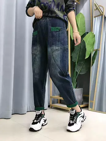 潮款松紧腰撞色休闲牛仔裤女2023春装新款显瘦百搭哈伦裤长裤子潮商品大图