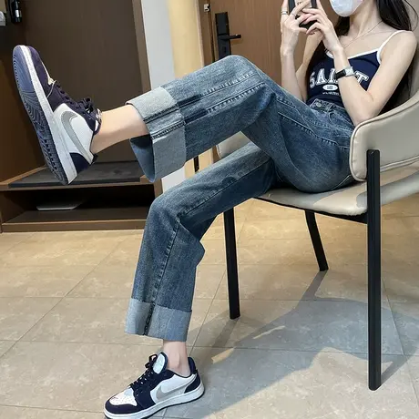 翻边阔腿牛仔裤女秋冬2023年新款高腰宽松显瘦ins复古窄版直筒裤商品大图