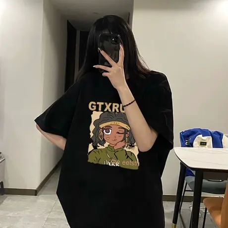 vintage复古美式t恤女黑色纯棉短袖ins潮大码夏季潮牌高街风上衣商品大图
