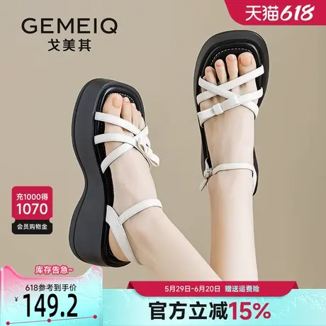 戈美其厚底一字带凉鞋女夏季2025新款增高蝴蝶结外穿罗马坡跟凉鞋商品大图