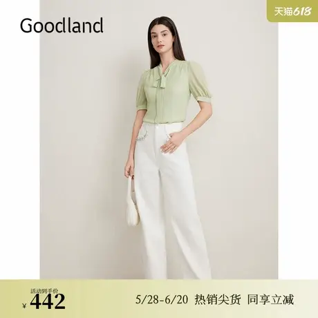 Goodland美地夏季新款法式系带领衬衫清新绿上衣图片