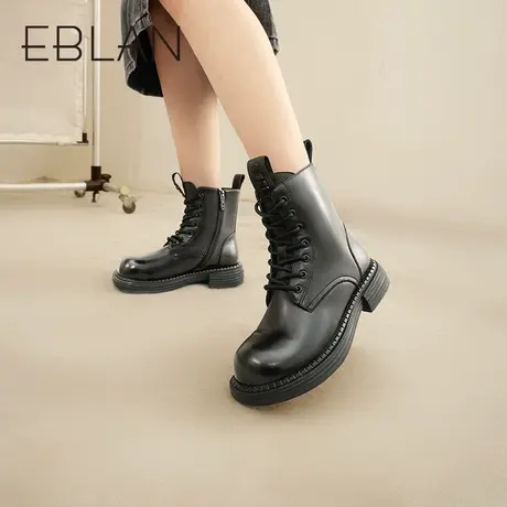 伊伴2022秋冬女靴牛皮革时装短靴系带侧拉链马丁靴西部靴机车靴图片