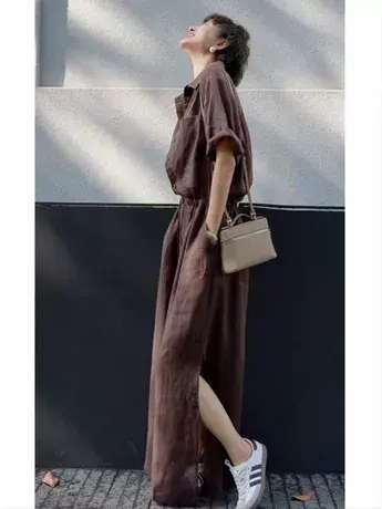 夏装新款套头棉麻衬衫连衣裙女短袖超长款开叉亚麻气质休闲裙子潮图片