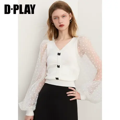 DPLAY秋新白色鸡心领网纱袖拼接针织小衫商品大图