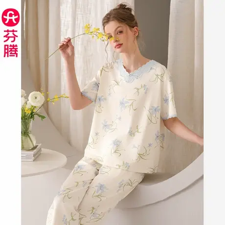 芬腾睡衣女款夏季新款纯棉短袖套装女士薄款夏天加大码舒适家居服商品大图