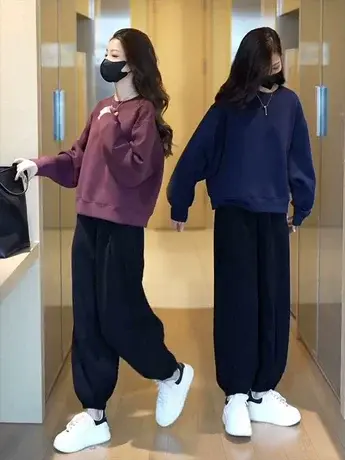 2023欧货春秋新款休闲运动套装时尚卫衣女宽松纯色炸街裤子两件套商品大图