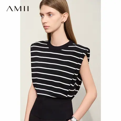 Amii2025夏新款圆领套头直筒条纹宽肩垫肩半袖双曲纱毛针织衫女商品大图