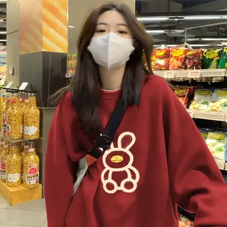 加绒加厚卫衣女冬季oversize宽松大码闺蜜装兔年爆款时尚洋气上衣商品大图