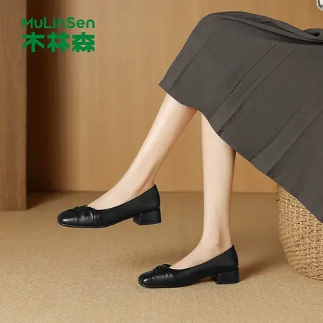 木林森女鞋2025秋季新款百搭舒适粗跟浅口单鞋女士上班通勤工作鞋商品大图