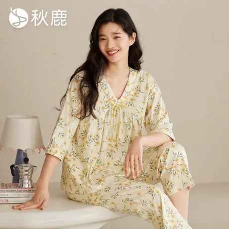 秋鹿【直播专享】丝滑纯棉抑菌睡衣女春夏季V领七分袖法式碎花图片