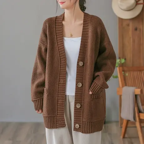 dza 复古宽松V领毛衣女春秋中长款休闲针织开衫上衣百搭女士外套图片