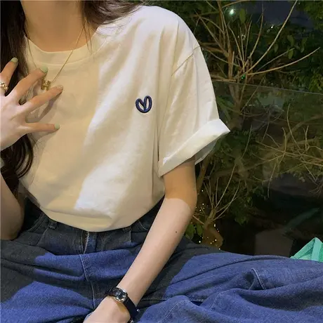 短袖T恤女ins潮夏季2023新款设计感小众刺绣情侣装宽松正肩上衣服商品大图