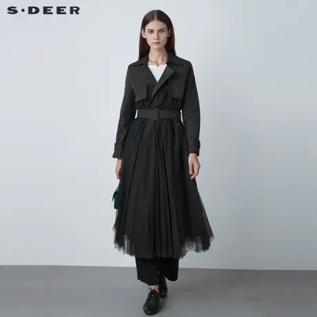 【直播间专属】S·DEER圣迪奥女装网纱拼接收腰长款风衣S21181819商品大图