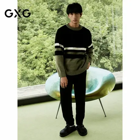 GXG男士家居服套装 黑绿条纹半边绒宽松套头睡衣可外穿商品大图