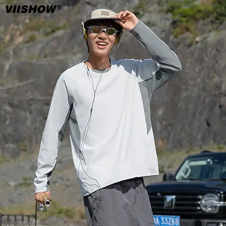 VIISHOW撞色拼接运动长袖T恤男款秋季新款美式圆领宽松百搭长袖衫商品大图