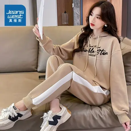 LW真维斯女装2023秋季新款 休闲宽松时尚印花长袖带帽卫衣套装商品大图
