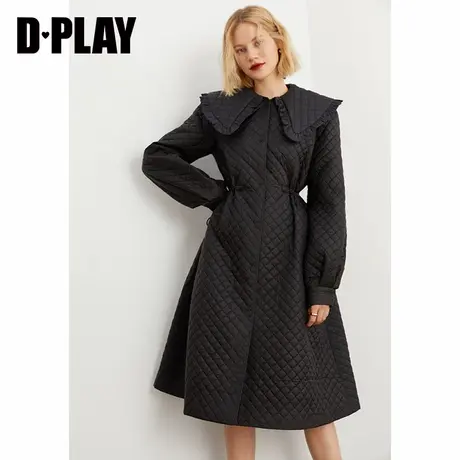 DPLAY秋新甜酷风黑色娃娃领菱形格绗棉外套橡筋大摆棉服图片