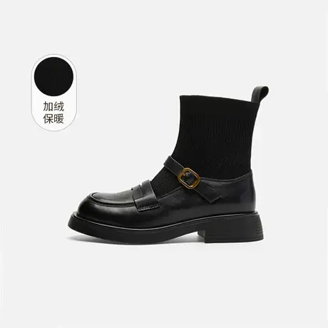 奥莱专供Nine West/玖熙加绒乐福袜靴女圆头扣带拼接套袜瘦瘦靴女图片