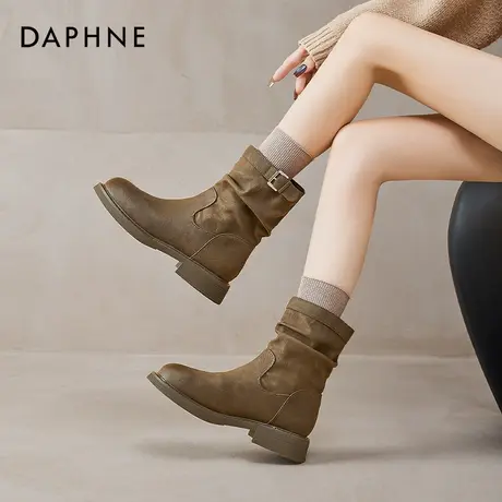 达芙妮棕色堆堆短靴女2025秋冬新款复古褶皱马丁靴英伦风中筒靴子图片