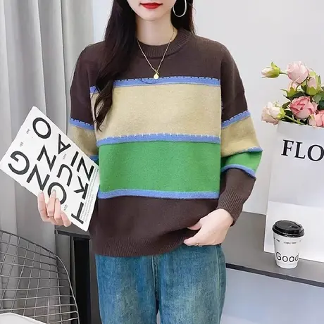 圆领拼色套头毛衣女2023年秋冬新款韩版流行宽松慵懒风针织衫外穿商品大图