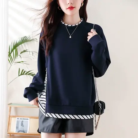 条纹拼接假两件卫衣女秋冬季新款宽松加大码女装休闲百搭显瘦上衣图片