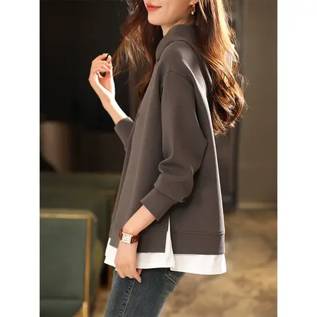 宝诗黎连帽假两件拼接印花卫衣女落肩长袖棉质上衣春秋季2023新款商品大图