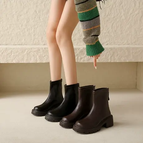 永希马丁靴女高跟秋冬季新款2023年韩系粗跟超火瘦瘦靴洋气小短靴图片