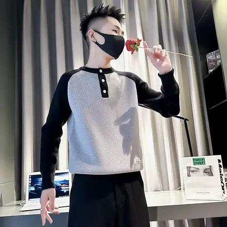 轻熟风拼色插肩袖男士毛衣冬季新款小众高级感轻熟加厚内搭线衣潮商品大图