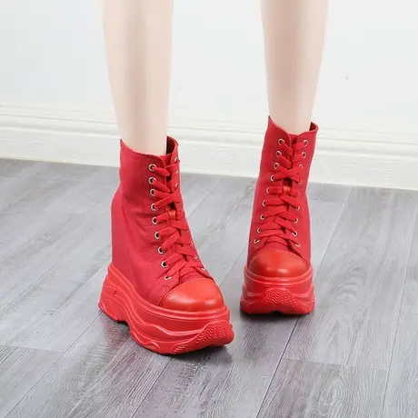 14cm内增高老爹鞋女款红色高帮休闲鞋春秋单靴子厚底松糕跟帆布鞋商品大图