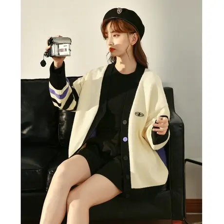唐狮撞色拼接开衫毛衣女装外套春秋季超好看的毛衣线衫氛围感上衣图片