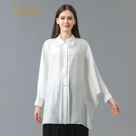 VOA真丝提花静夜思白POLO领印花单排多扣蝙蝠袖纯色桑蚕丝衬衫图片