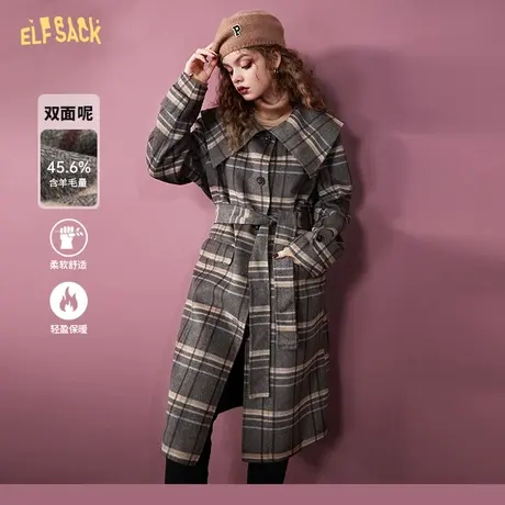 妖精的口袋翻领格纹毛呢大衣女2022秋冬新款复古加厚长款呢子外套图片