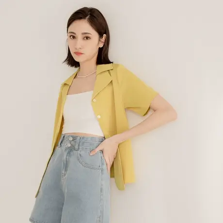 桔熊夏季通勤纯色微光泽感西装领短袖衬衫柔软上衣女大码AB17350商品大图