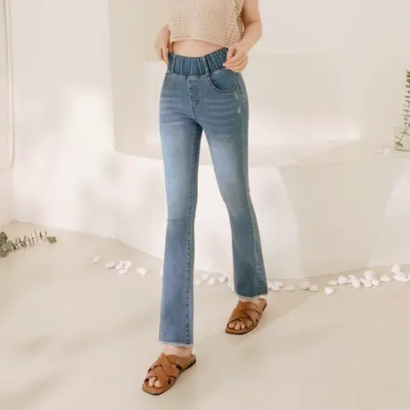 桔熊港味牛仔裤子女复古抓纹高腰收腹毛边微喇裤胖妹妹大码BA4362商品大图