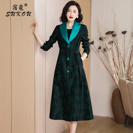 墨绿色 高端复合蕾丝风衣外套女 2024春装新款中长款修身大衣外套图片