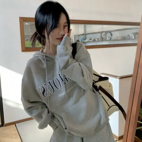 2024早秋季新款灰色连帽卫衣女装小个子韩版宽松中长款遮屁股上衣商品大图
