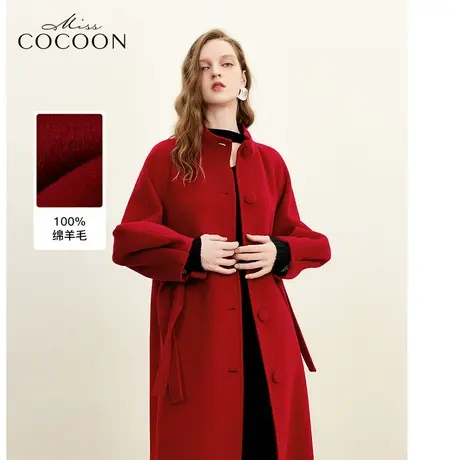 MISSCOCOON千金玛德琳23冬新款女羊毛蝴蝶结中长双红色面呢大衣商品大图