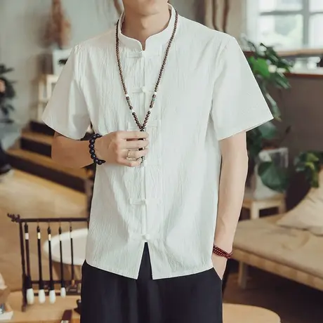 秋季唐人服男唐装宽松短袖青年大码棉麻半袖薄款盘扣衬衫中式上衣图片