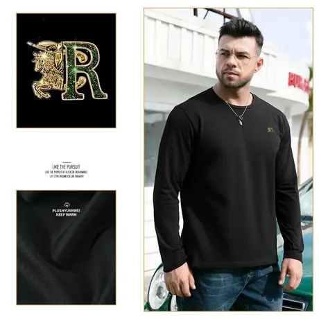 胖哥哥轻奢大码纯棉长袖t恤男高级感加肥加大圆领肥佬体恤打底衫商品大图