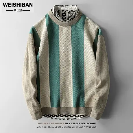 秋冬潮牌宽竖条拼色打底毛衣外套男美式休闲宽松百搭针织线衣男商品大图