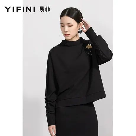 Yifini/易菲宽松短款黑色长袖圆领套头卫衣女春秋新款上衣商品大图
