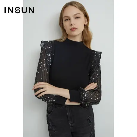 INSUN恩裳线上专选冬季拼接梭织提花袖针织衫商品大图