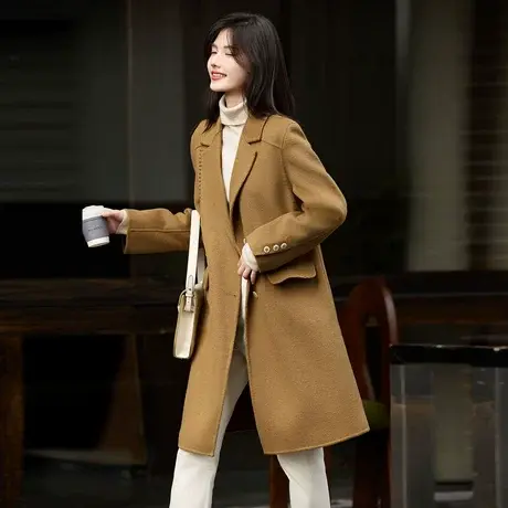 时尚气质通勤长款双面呢大衣女士2023年冬季新款加厚保暖休闲外套商品大图