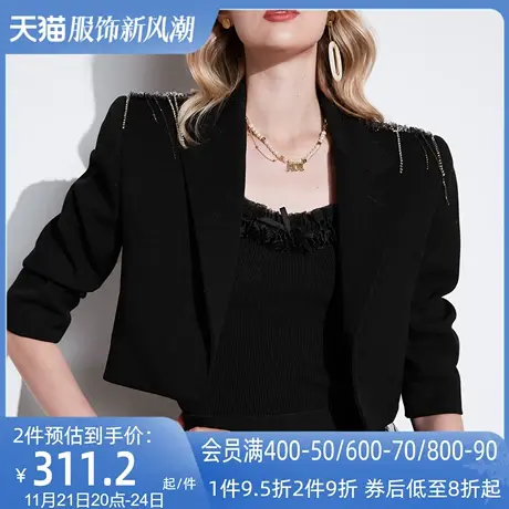 AUI黑色设计感短款西装外套女2024春秋新款御姐气质职业修身西服图片