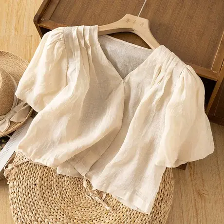 享永子短袖苎麻上衣女文艺复古小众设计高级感棉麻小衫2024新款夏图片