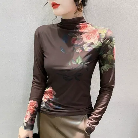 加绒网纱拼接T恤女短袖时尚半高领扎染印花上衣洋气修身打底衫isn商品大图