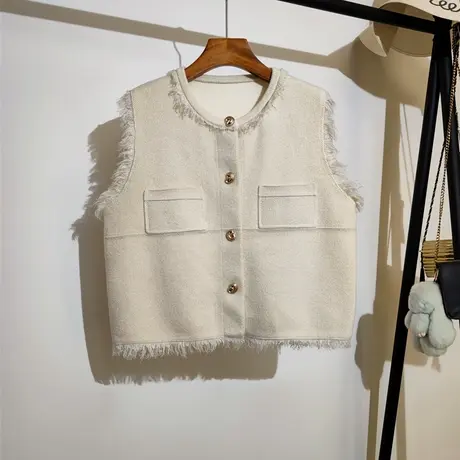 小香风针织马甲开衫女秋冬新款流苏细闪亮丝无袖坎肩马夹背心外套图片
