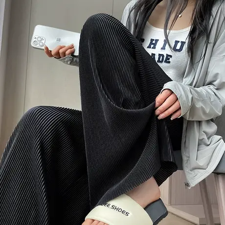 黑色阔腿风琴裤女夏季薄款高腰凉凉防晒垂感冰丝休闲拖地直筒裤子商品大图
