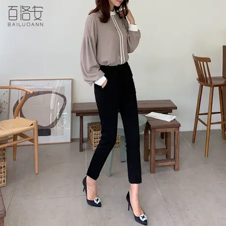 百洛安时尚撞色灯笼袖衬衫女春新款宽松套头百搭衬衣宽松显瘦上衣图片